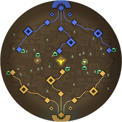 Image of the Deadlock minimap as it appears at 6:00 with no units on it. Has the icons for 6 small camps and 26 medium camps added on top of the initial map state.