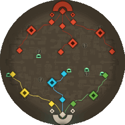 Animated image of the Deadlock minimap showing the progression of spawns on the map at 0, 2, 5, 8, and 10 minutes. Firstly shows only the initial map state with lanes and towers, then adds 6 small camps, then adds 26 medium camps, then adds 8 hard camps and 4 vault camps, and finally adds a Soul Urn icon and the two Runes spawns.