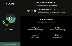 Haze's power increase stats, showing +.28 base bullet damage, +3.4 base melee damage, and +27 base health.