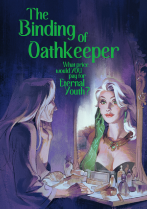 The image shows an aged Lady Geist in casual clothes looking at a desk mirror, where she looks young and wearing her signature green dress and jewelry. The mirror Geist has Oathkeeper (a green spirit) in her right arm.