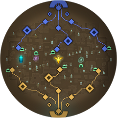 Image of the Deadlock minimap as it appears at 10:00 with no units on it. Has the icons for 6 small camps, 26 medium camps, 8 hard camps, 2 vault camps, the Soul Urn and 2 Runes added on top of the initial map state.
