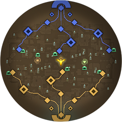 Image of the Deadlock minimap as it appears at 8:00 with no units on it. Has the icons for 6 small camps, 26 medium camps, 8 hard camps, and 2 vault camps added on top of the initial map state.
