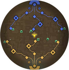 Image of the Deadlock minimap as it appears at 2:00 with no units on it. Has the icons for 6 small camps added on top of the initial map state.